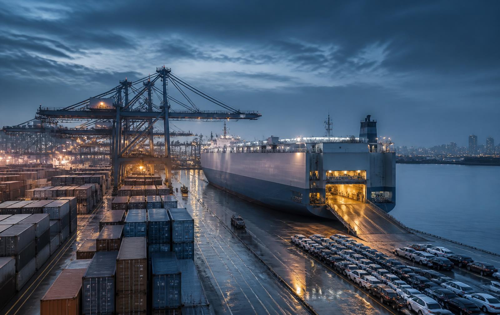 International port at blue hour with containers and a vehicle carrier